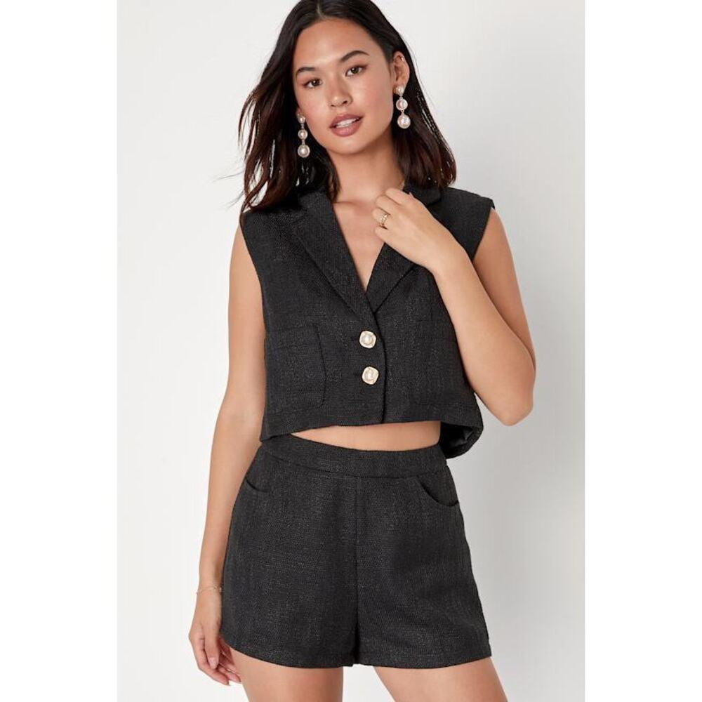 Lulus Perfect Company Black Tweed High Waisted Shorts - Size XXL
